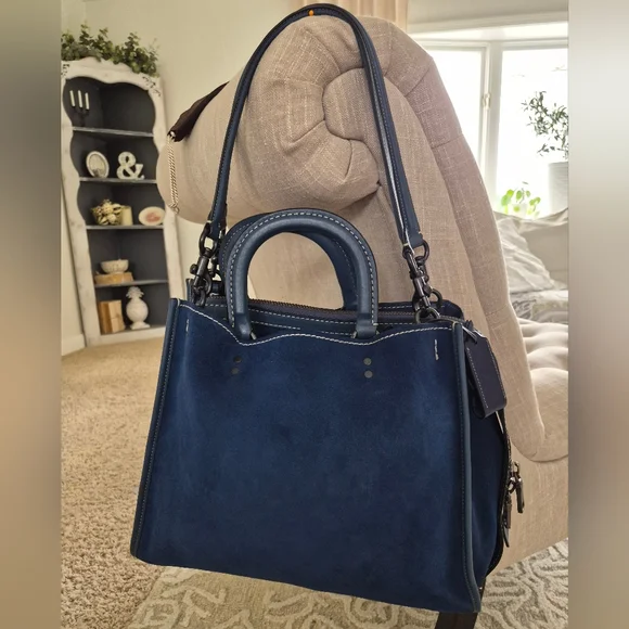 Authentic Coach Navy Blue Suede And Leather 1941 Rogue 36 Tote Bag - Picture 3 of 16